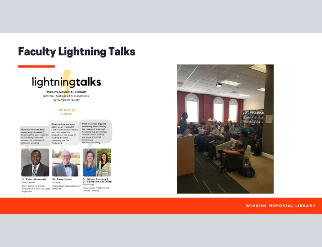 Lightning Talks flyer on left side of screen featuring Dr. Peter Ahiawodzi, Dr. Barry Jones, Dr. Nicole Rushing, and Dr. Katherine Van Allen. Photo of lightning talk audience on right side of screen.